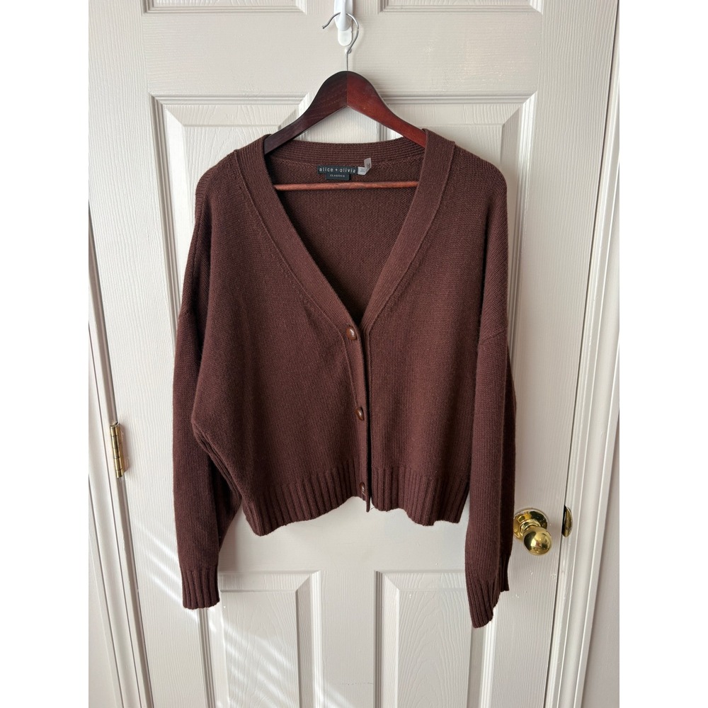 Alice + Olivia Cardigan Women Large Brown Cashmere V-Neck Cropped CL000529724